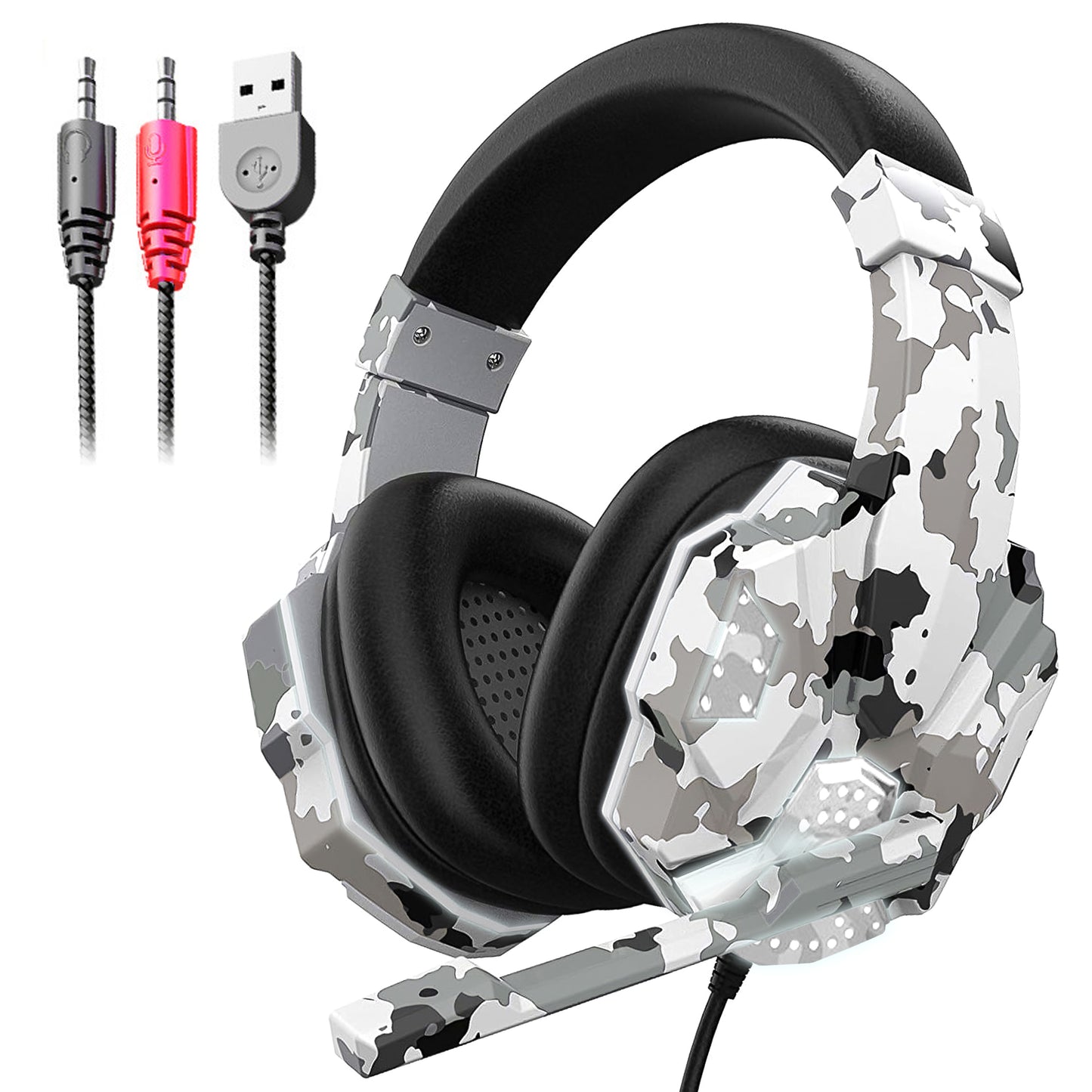 3.5mm Wired Over-Ear Headphones - with 7.1 Surround Sound, PC Headset with Noise Canceling Mic & LED Light, H3 Over Ear Headphones for Nintendo Switch, PS5, Xbox One, Laptop (Camo Gray)