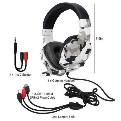 3.5mm Wired Over-Ear Headphones - with 7.1 Surround Sound, PC Headset with Noise Canceling Mic & LED Light, H3 Over Ear Headphones for Nintendo Switch, PS5, Xbox One, Laptop (Camo Gray)