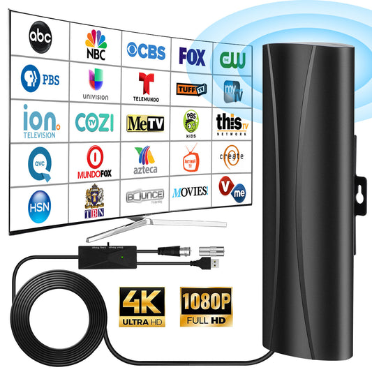 4K Ultra HD Indoor and Outdoor Digital TV Antenna - with 28dBi Gain 600 Mile Range with Amplifier Signal Booster - Includes 32.8 ft Coaxial Cable (Black)
