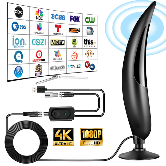 4K 1080P Amplified HDTV Digital Antenna - Indoor/Outdoor 400+ Miles Range Digital HD VHF UHF TV Receiver with 25dBi Gain and 9.8ft Coaxial Cable (Black)