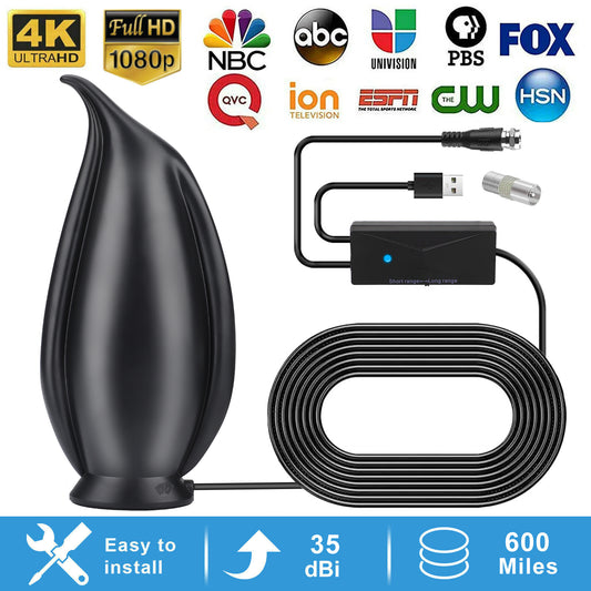 4K Ultra HD Indoor Digital TV Antenna - with 35dBi Gain 600-Mile Range with Amplifier Signal Booster - Includes 16.4ft Coaxial Cable (Black)