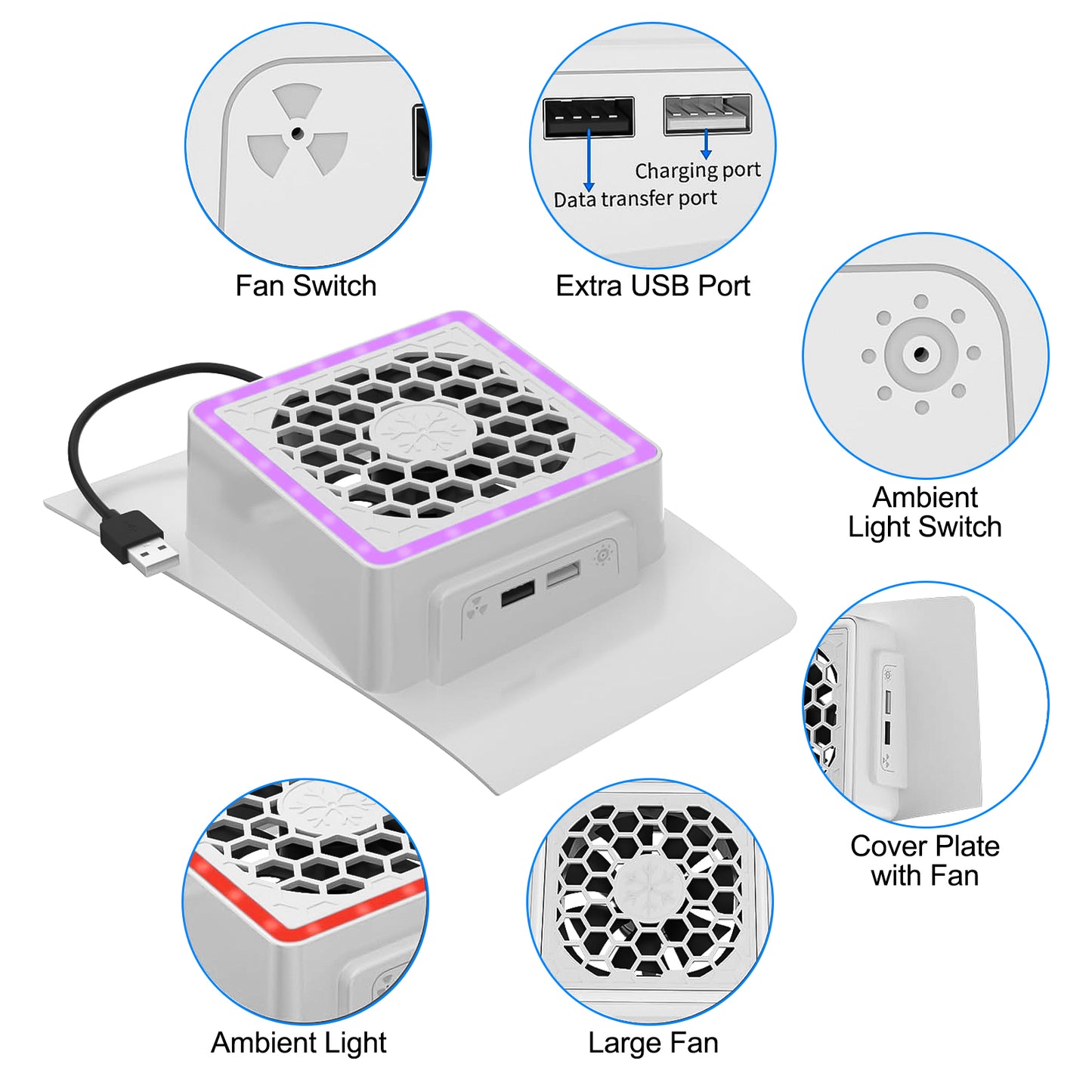 Cooling Fan fit for PS5 Slim Cooling System with RGB LED Lights and Plate Cover - Enhanced Cooler Fan with 3-Speed Adjust and Dual USB Ports for PS5 Slim Digital and Disc Edition (White)