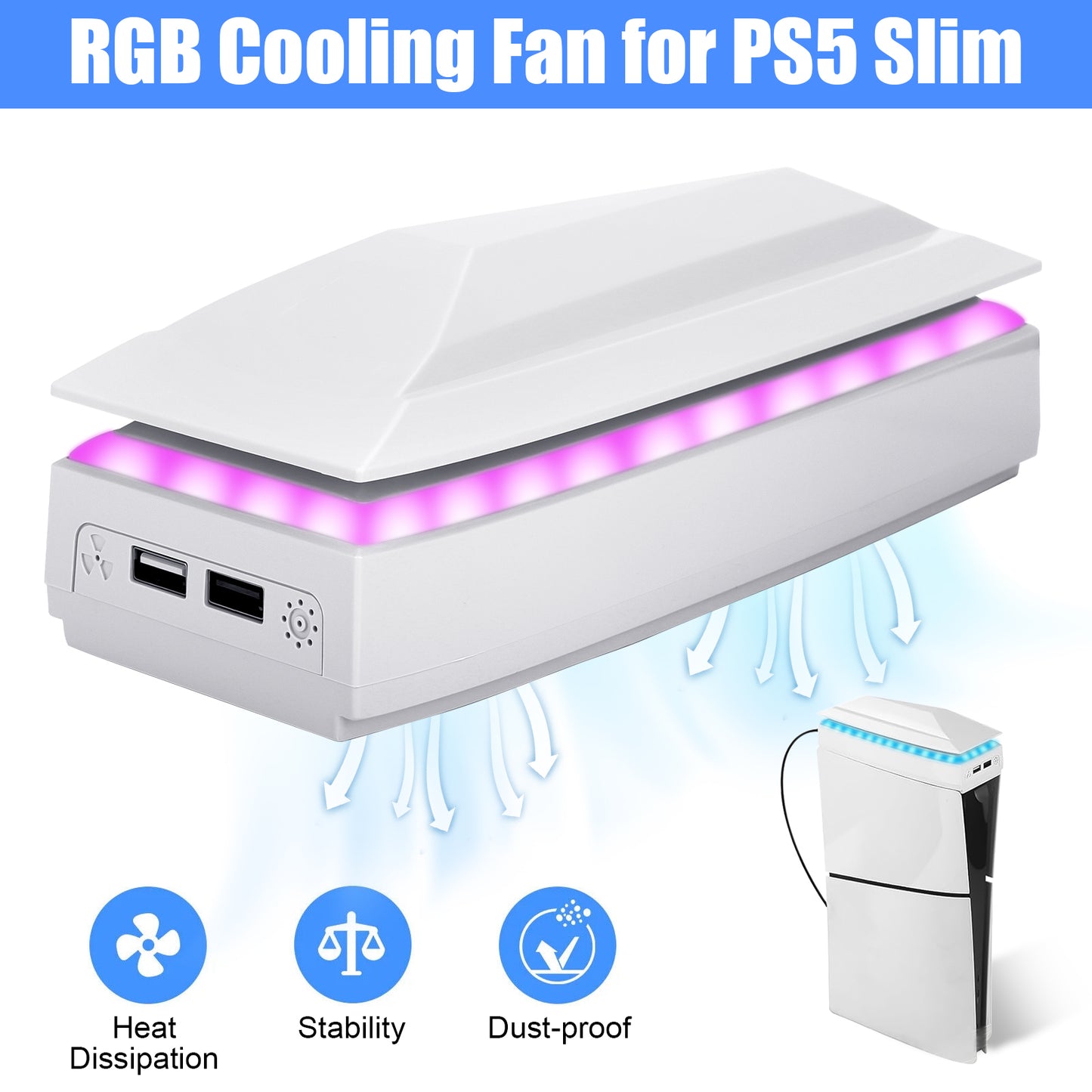 RGB Cooling Fan System with Dust Cover for PS5 Slim - 3 Adjustable Speeds, Dual Fans, 6 Lighting Modes, and 2 USB Ports (White)