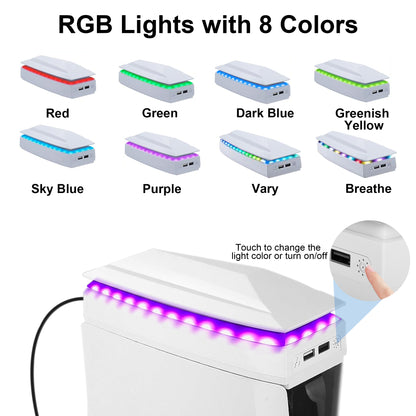 RGB Cooling Fan System with Dust Cover for PS5 Slim - 3 Adjustable Speeds, Dual Fans, 6 Lighting Modes, and 2 USB Ports (White)