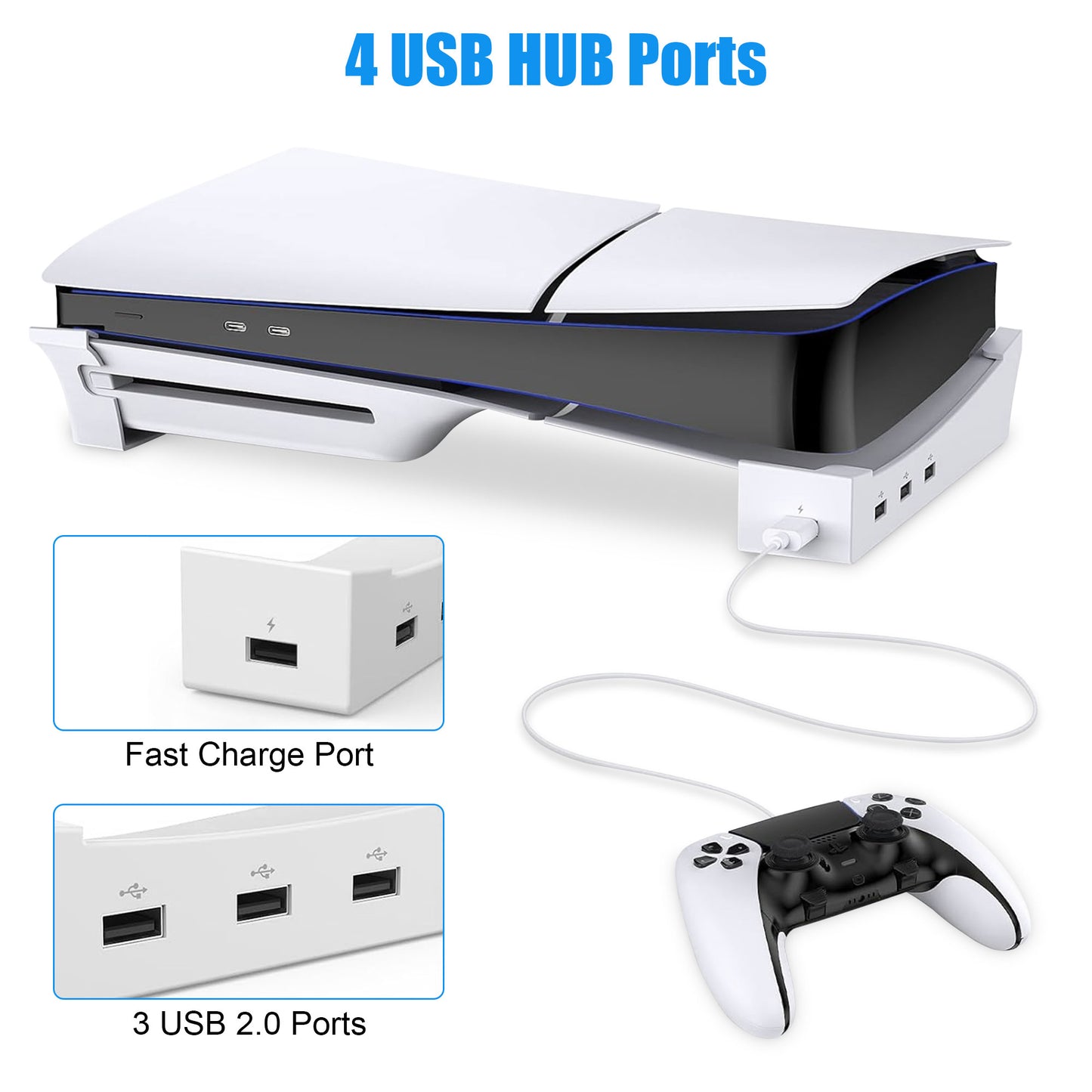Horizontal Stand for PS5 Slim with 4 Port USB Hub - Stable Base for Playstation 5 Slim Disc & Digital Edition, Space-Saving Controller Charging Holder