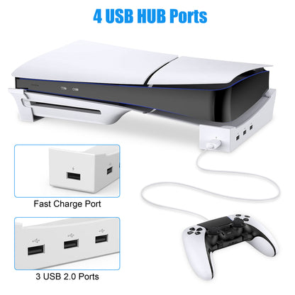 Horizontal Stand for PS5 Slim with 4 Port USB Hub - Stable Base for Playstation 5 Slim Disc & Digital Edition, Space-Saving Controller Charging Holder