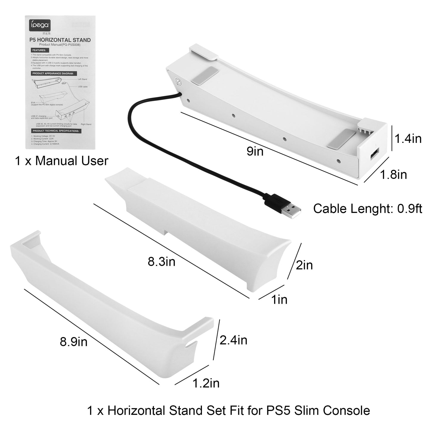 Horizontal Stand for PS5 Slim with 4 Port USB Hub - Stable Base for Playstation 5 Slim Disc & Digital Edition, Space-Saving Controller Charging Holder