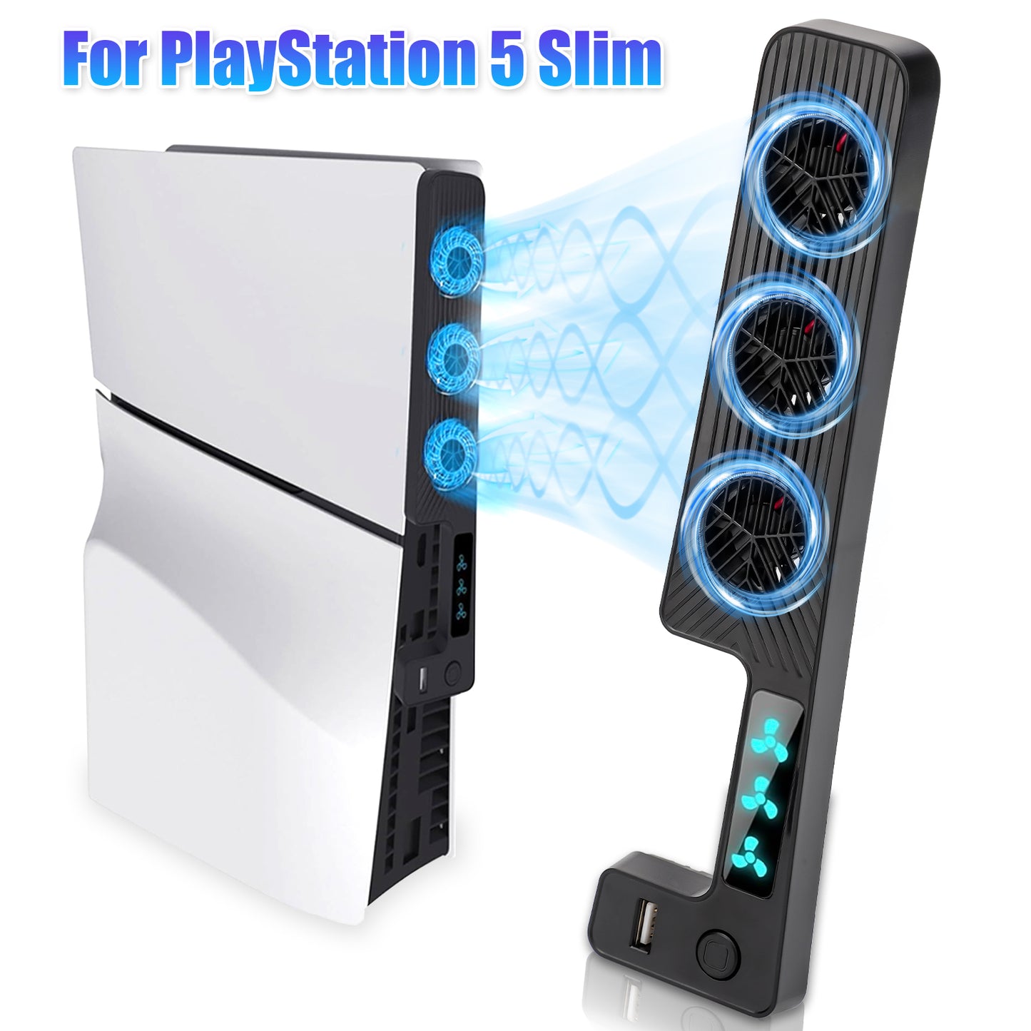 Quiet Cooling Fan for PS5 Slim with 3 Adjustable Speeds and Extra USB Port - Optimal Heat Dissipation for 2023 PS5 Slim Digital/Disc Edition (Black)