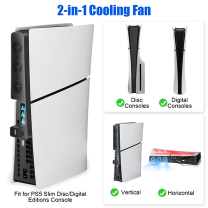 Quiet Cooling Fan for PS5 Slim with 3 Adjustable Speeds and Extra USB Port - Optimal Heat Dissipation for 2023 PS5 Slim Digital/Disc Edition (Black)