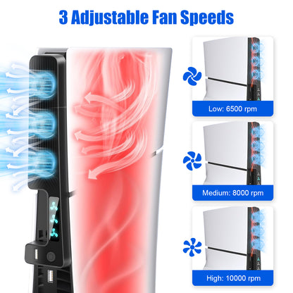 Quiet Cooling Fan for PS5 Slim with 3 Adjustable Speeds and Extra USB Port - Optimal Heat Dissipation for 2023 PS5 Slim Digital/Disc Edition (Black)