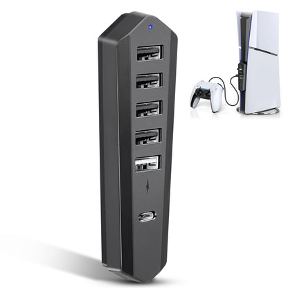 6 Port High-Speed USB Hub for PS5 Slim Console - Type C 3.0 & USB-A 2.0 Expansion, Plug & Play Adapter with 1 Type C 3.0 + 4 USB-A 2.0 + 1 Port (Black)