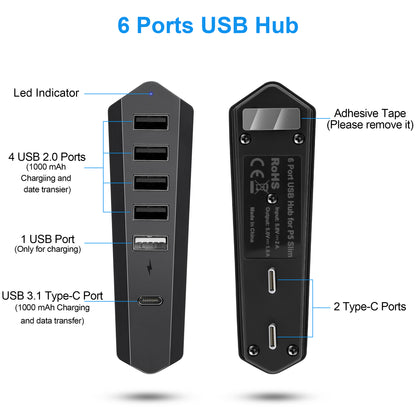 6 Port High-Speed USB Hub for PS5 Slim Console - Type C 3.0 & USB-A 2.0 Expansion, Plug & Play Adapter with 1 Type C 3.0 + 4 USB-A 2.0 + 1 Port (Black)