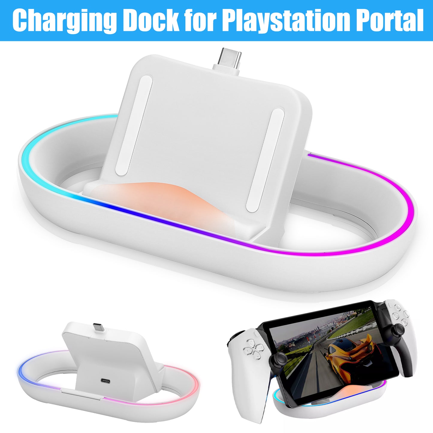 Charging Dock Station for Playstation Portal - 14 RGB Light Modes,Safe Charging with Overcharge Protection, Handheld Stand Holder for Playstation Portal