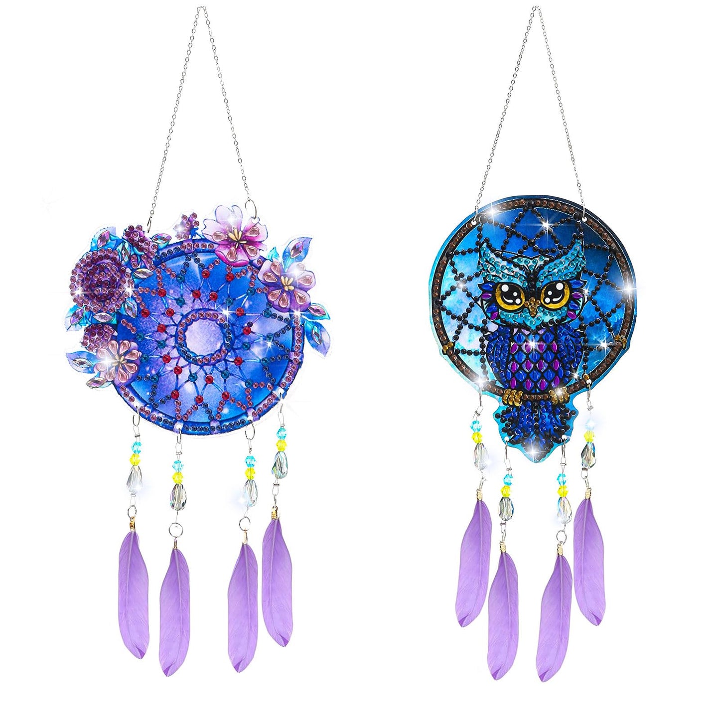 Owl Diamonds Painting Dream Catcher - DIY Windchime Diamond Art Suncatcher Hanging Ornament with Feather Pendant