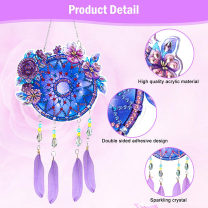 Owl Diamonds Painting Dream Catcher - DIY Windchime Diamond Art Suncatcher Hanging Ornament with Feather Pendant