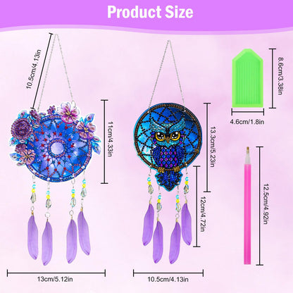 Owl Diamonds Painting Dream Catcher - DIY Windchime Diamond Art Suncatcher Hanging Ornament with Feather Pendant