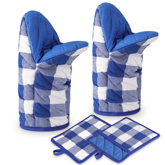 4Pcs Oven Mitts and Pot Holders - Heat Resistant Kitchen Gloves and Hot Pads for Safe Cooking, Baking, & Grilling (Blue)