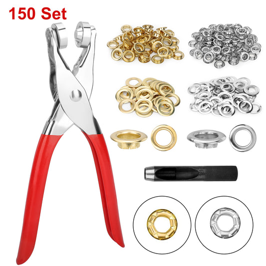 1/2 Inch Grommet Tool Kit - Leather Hole Punch Pliers ,150 Metal Eyelets in Gold and Silver for Leather, Shoes, Fabric, Belt , DIY Craft and Repairs