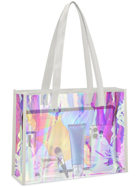 Holographic Clear Tote Bag - Large Stadium Approved Clear Bag with PU Leather Handle，Iridescent Beach Bag for Work Stadium Travel