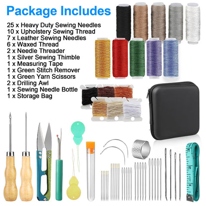 58 Pcs Leather Sewing Kit – Heavy Duty Hand Sewing, Upholstery Repair with Waxed Thread & Needles