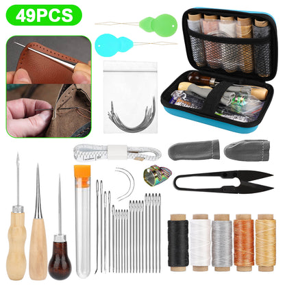 49Pcs Leather Sewing Kit - Leather Working Tools & Sewing Supplies Kit with Multicolor Waxed Thread and Diverse Needles