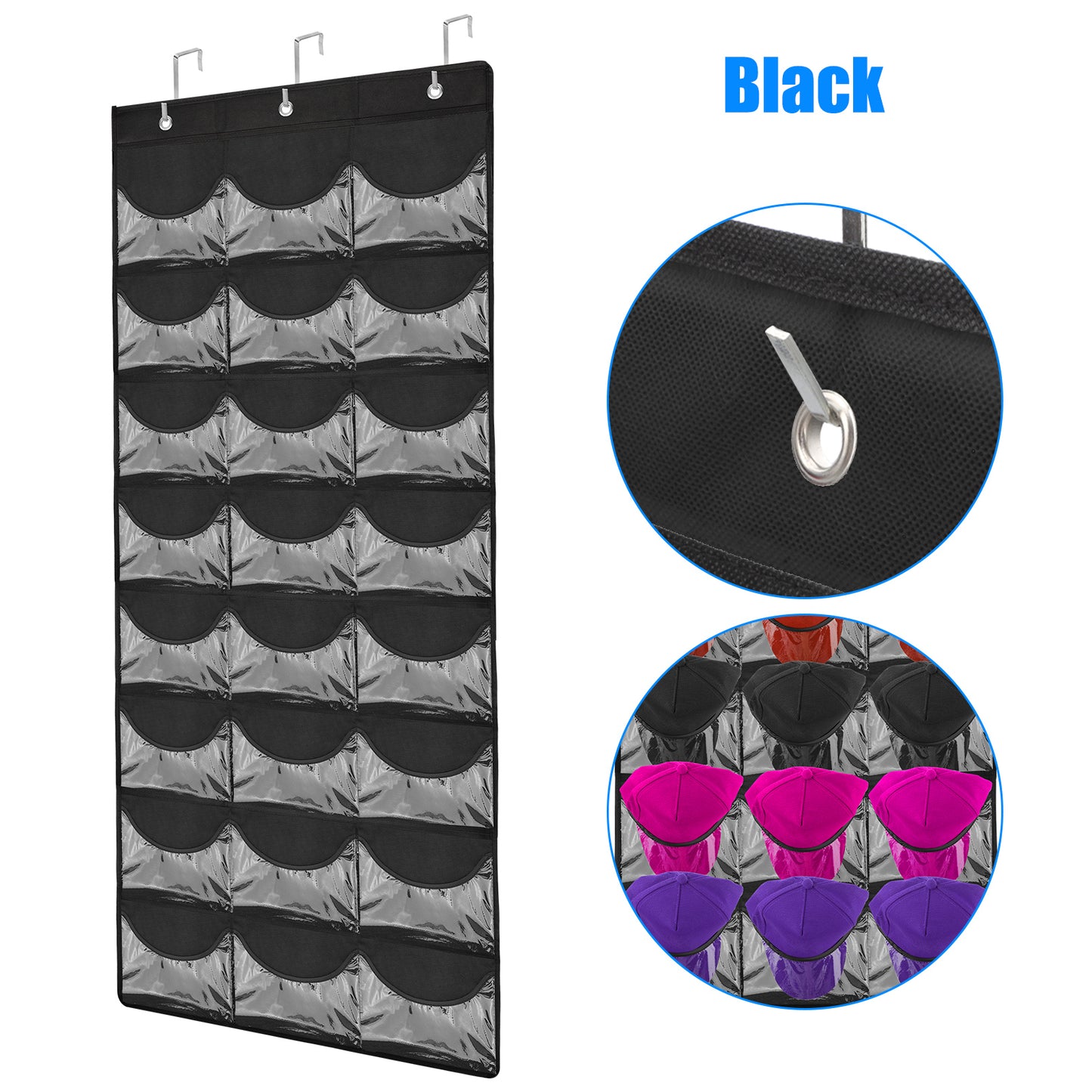 24 Pockets Baseball Cap Organizer - Over the Door Hat Rack with Clear Pockets and 3 Hooks - Perfect for Hat Storage (Black)