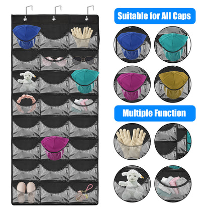 24 Pockets Baseball Cap Organizer - Over the Door Hat Rack with Clear Pockets and 3 Hooks - Perfect for Hat Storage (Black)