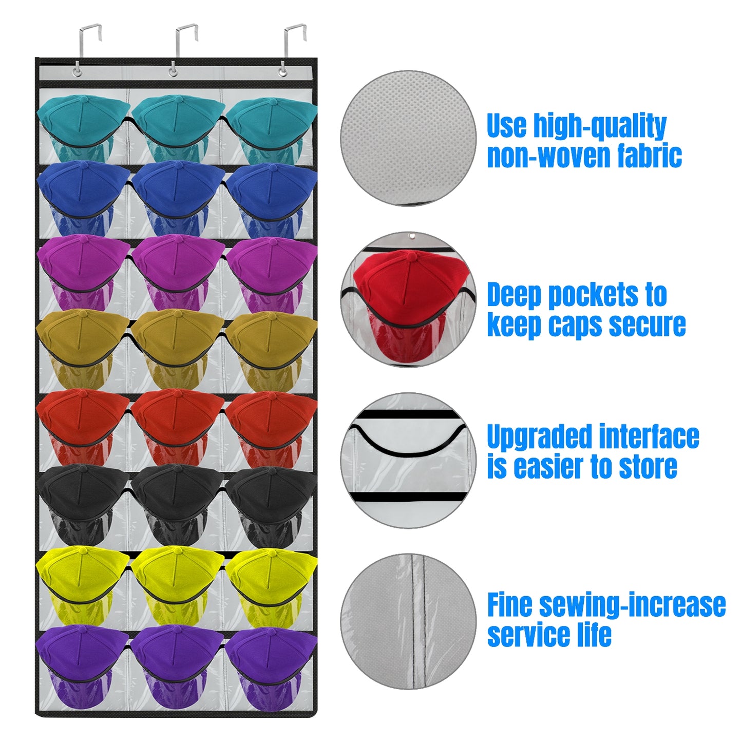 24 Pockets Baseball Cap Organizer - Over the Door Hat Rack with Clear Pockets and 3 Hooks - Perfect for Hat Storage (Black)