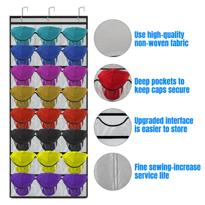 24 Pockets Baseball Cap Organizer - Over the Door Hat Rack with Clear Pockets and 3 Hooks - Perfect for Hat Storage (Black)