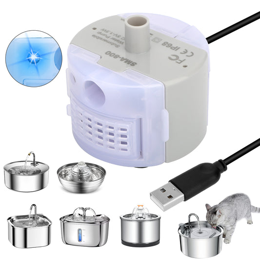 Ultra Quiet USB Rechargeable Pet Water Fountain Pump with LED - IP68 Waterproof,Compatible with Stainless Steel Fountains