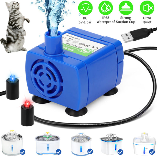 Intelligent Cat Water Fountain Pump with LED Indicator - USB Rechargeable, Ultra Quiet, IP68 Waterproof (Blue)