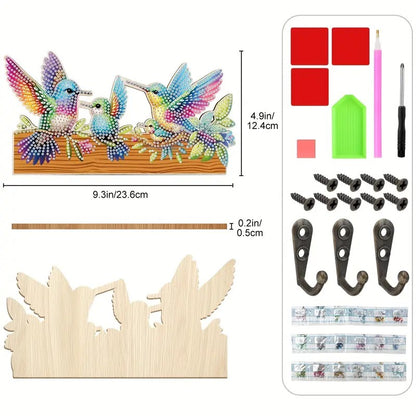 Diy Diamond Painting Hooks - Cartoon Bird Design,  3 Hooks Wall Mount, Multicolor Wooden Key Rack with Self-Adhesive Backing - Perfect for Entryway, Hallway, and Home Organization