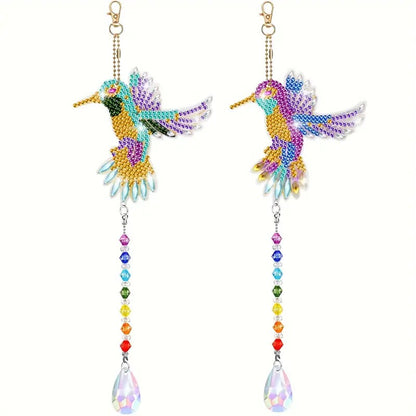 2pcs DIY Diamond Painting Wind Chimes Hanging Ornament with Crystal Pendant - Double Sided Hummingbird Suncatcher,for Kids Adults Home Garden Art DIY Craft