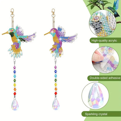 2pcs DIY Diamond Painting Wind Chimes Hanging Ornament with Crystal Pendant - Double Sided Hummingbird Suncatcher,for Kids Adults Home Garden Art DIY Craft