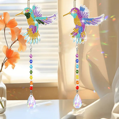 2pcs DIY Diamond Painting Wind Chimes Hanging Ornament with Crystal Pendant - Double Sided Hummingbird Suncatcher,for Kids Adults Home Garden Art DIY Craft