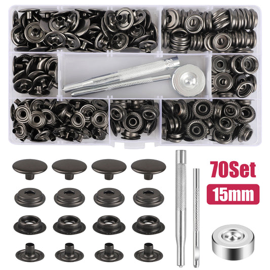 70 Sets 15mm Metal Snap Fasteners Press Stud Button with Installation Tool & Storage Box - for Sewing, Leather Crafts, Bags, Clothing Repair (Gun Black)