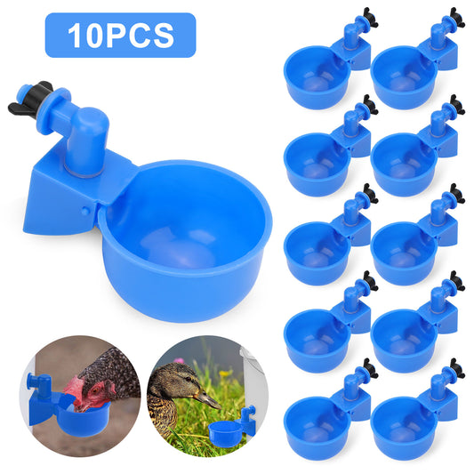 10 Pcs Automatic Chicken Waterer Cups - No Leak Poultry Drinking Cups with Fixed Double-Sided Adhesive and Drill Bit (Blue)