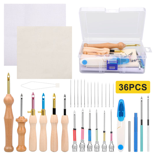 36 Pcs Punch Needle Kit - Includes Wooden & Metal Handle Punch Needles, Monk's Cloth, Cross Stitch Cloth, Blunt Needles & Organizer Box,Perfect for Beginners and Handmade Crafts,Ideal Gift for Embroidery Enthusiasts