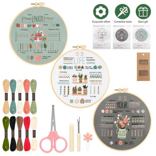 3 Sets Embroidery kit for Beginners Adults - 33 Different Stitches DIY Kits, Includes Stamped Flower Pattern Hoop Color Threads Tools For Decorative ornaments