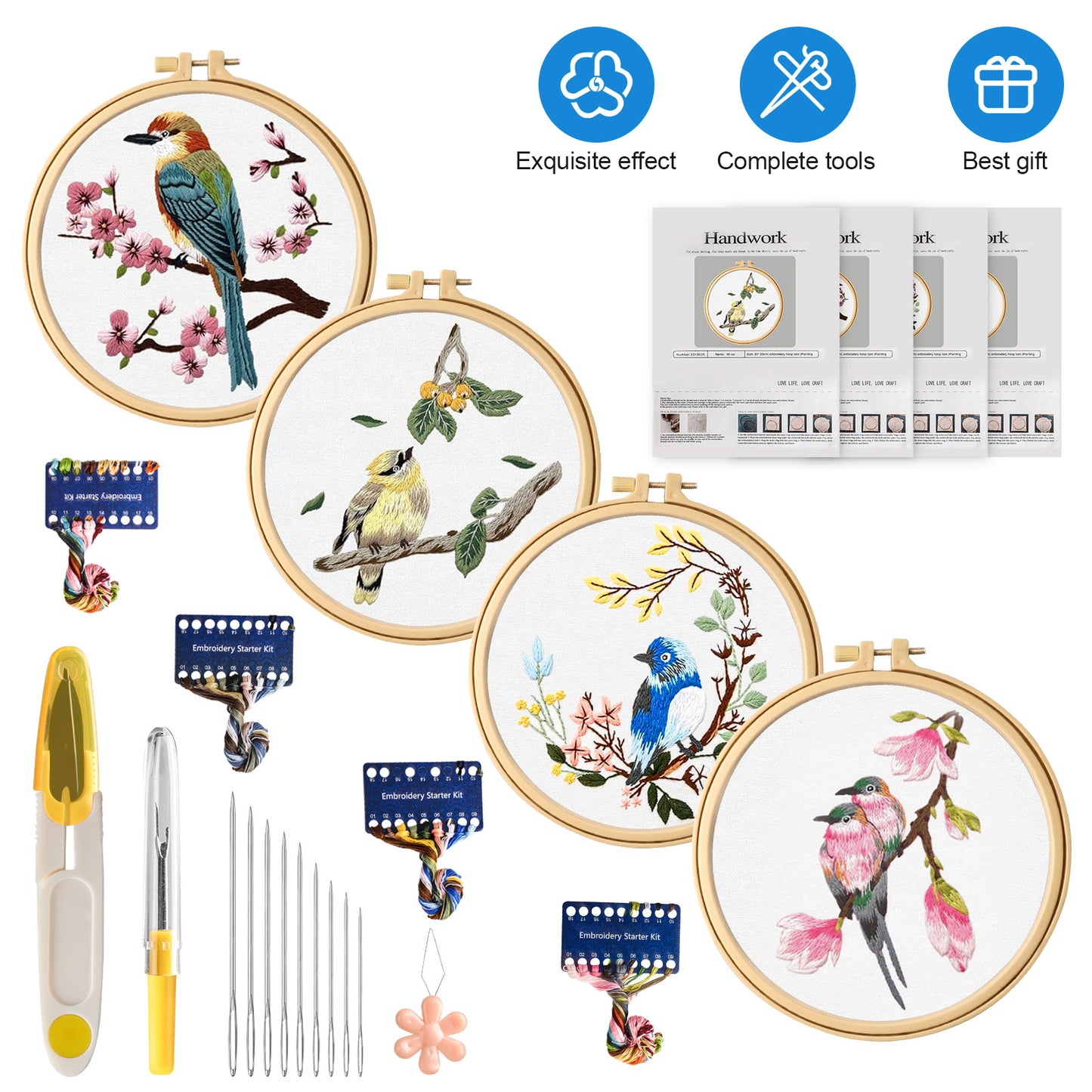 4 Set Embroidery Kit - for Beginners - DIY Cross Stitch Starter Set with Patterns, Hoops, Needles, Threads, Hummingbird and Flower Designs