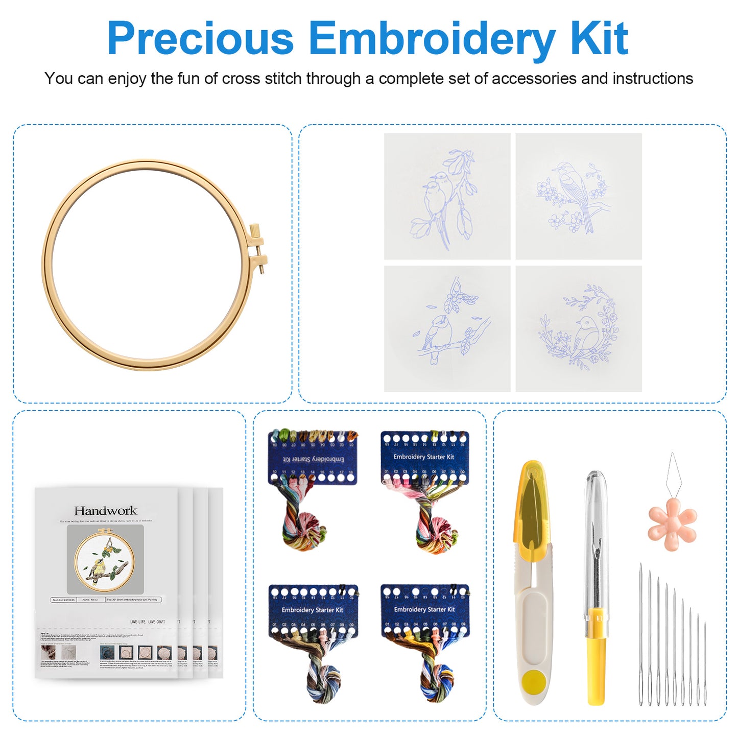 4 Set Embroidery Kit - for Beginners - DIY Cross Stitch Starter Set with Patterns, Hoops, Needles, Threads, Hummingbird and Flower Designs