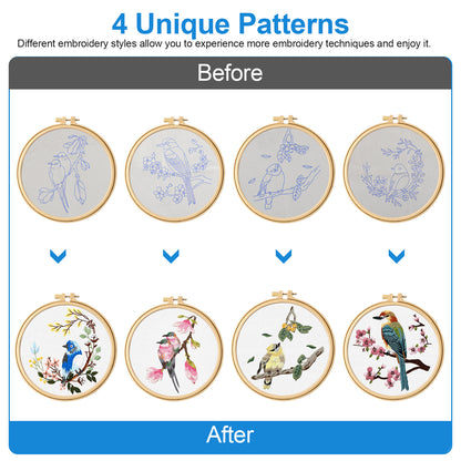 4 Set Embroidery Kit - for Beginners - DIY Cross Stitch Starter Set with Patterns, Hoops, Needles, Threads, Hummingbird and Flower Designs