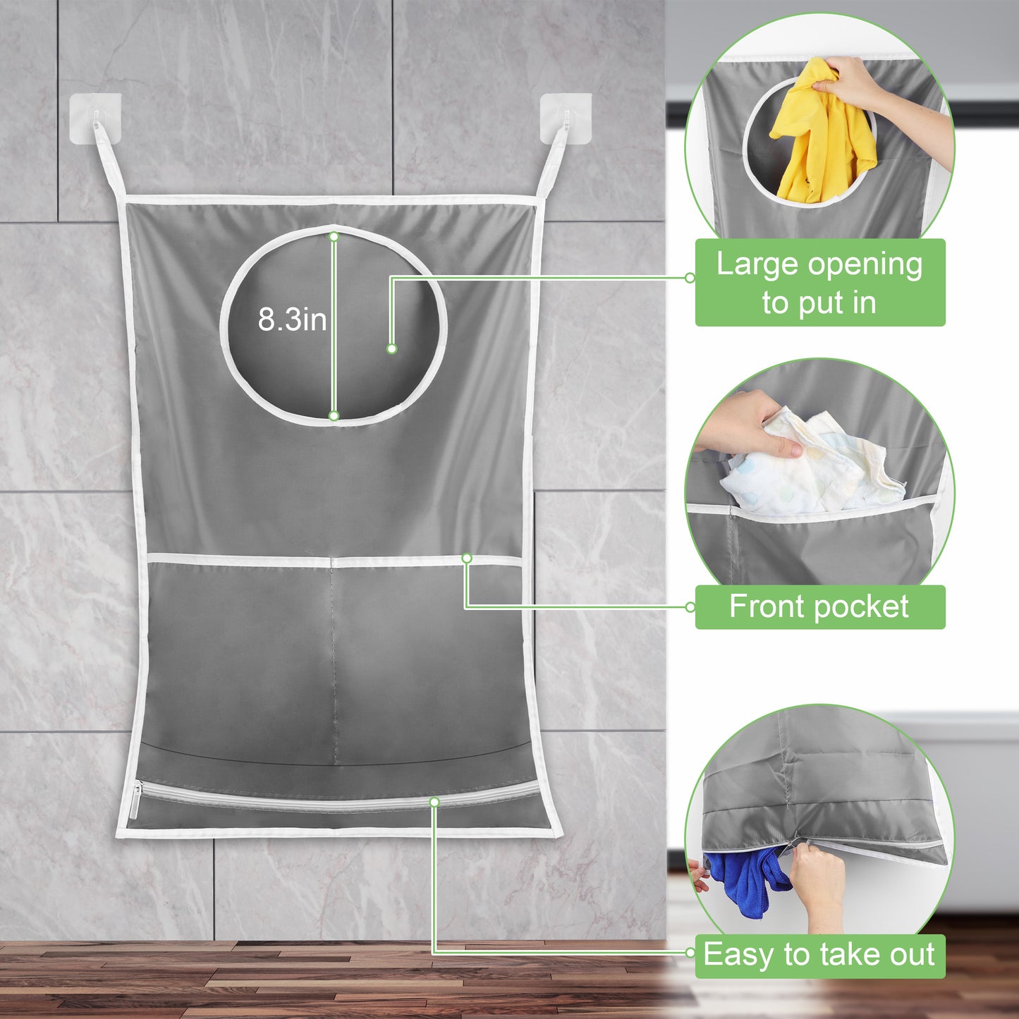 Hanging Laundry Hamper Bag - Durable Waterproof Nylon with Bottom Zipper & Front Pocket - Ideal for Doors and Walls Storage (Gray)