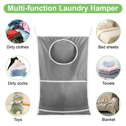 Hanging Laundry Hamper Bag - Durable Waterproof Nylon with Bottom Zipper & Front Pocket - Ideal for Doors and Walls Storage (Gray)