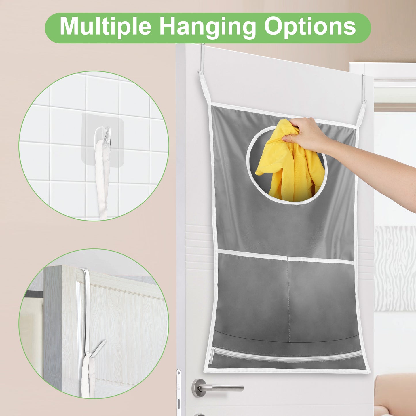 Hanging Laundry Hamper Bag - Durable Waterproof Nylon with Bottom Zipper & Front Pocket - Ideal for Doors and Walls Storage (Gray)