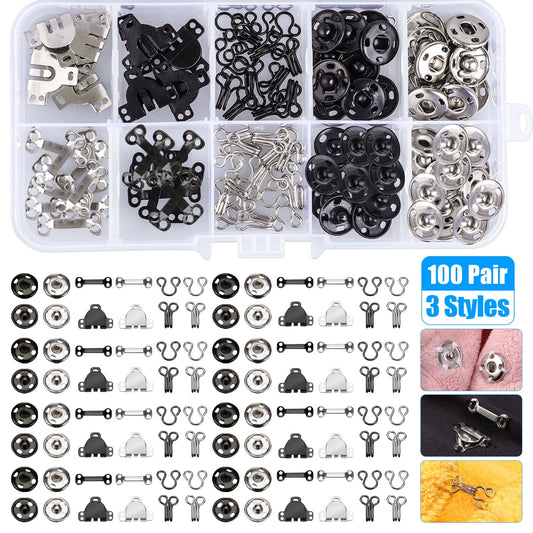 100 Pair 3 Styles Hook and Eye Latch Sewing Snaps Button Clothing Fixing Tool - for Craft, Sewing, Lingerie, Pants