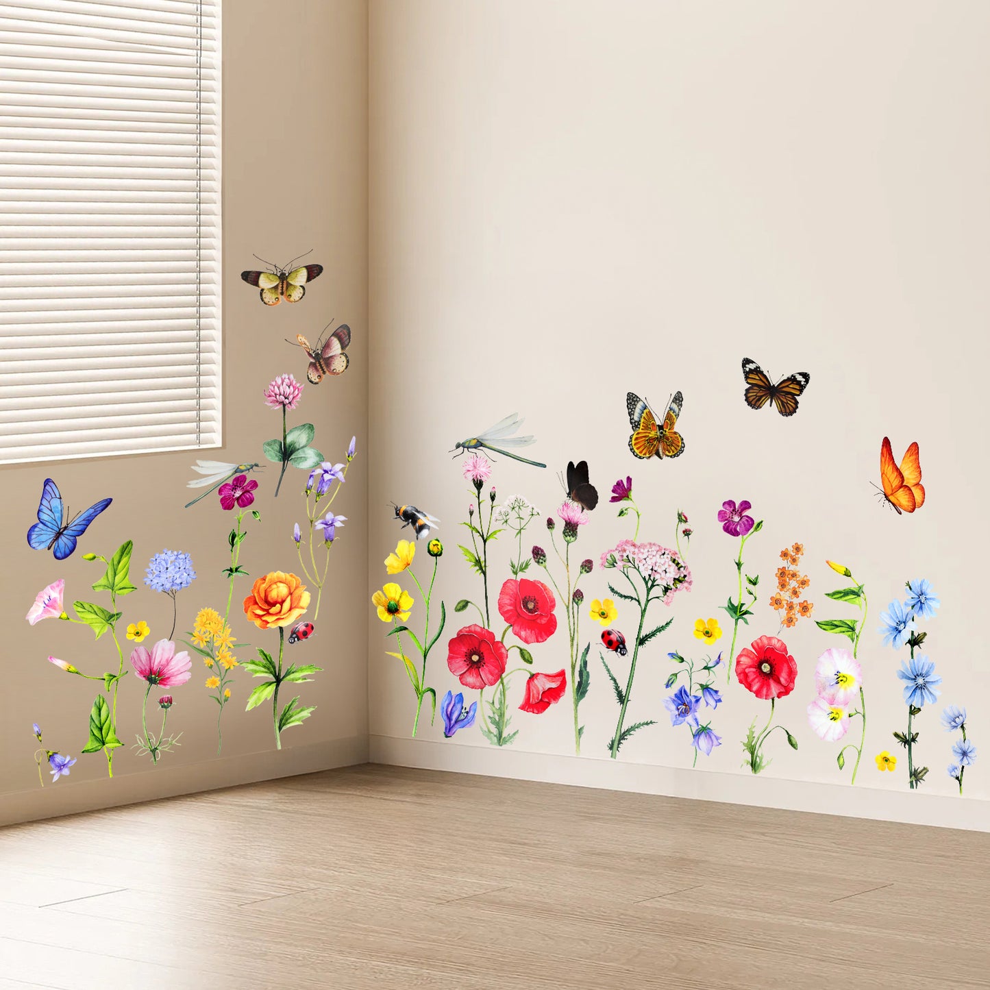 6pcs Butterfly Flower Wall Stickers - Removable Floral Decals for Bedroom, Living Room, Nursery - Colorful Vinyl Wall Art Murals (13.7 x 9.8 inches)