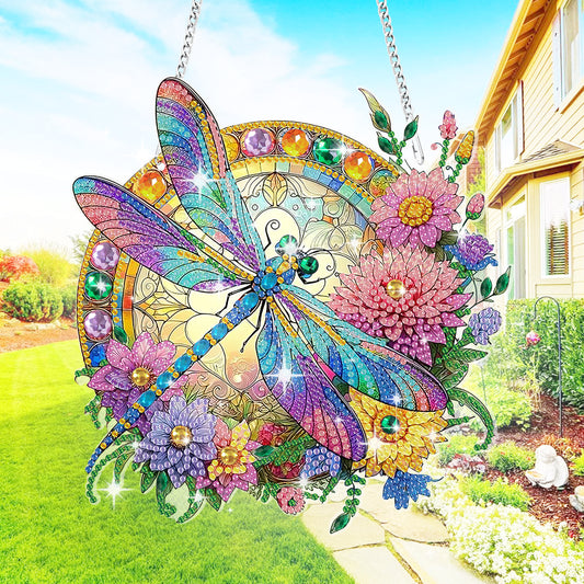 DIY Dragonfly Diamond Painting Pendant Ornament - 5D Colorful Dragonfly Suncatcher Hanging Ornaments,Crystal Diamond Art Painting for Home Garden Wall Door Decor