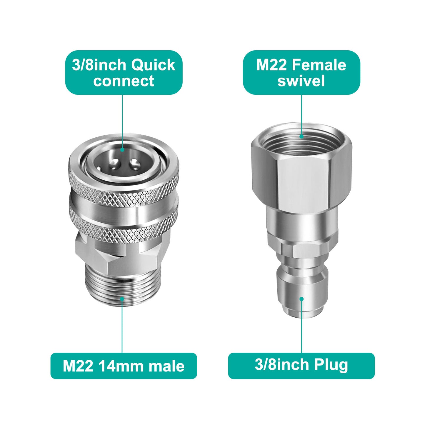 4 Pcs Pressure Washer Swivel Adapter Set, Stainless Steel M22 14mm to 3/8 Inch Quick Connect, 5000 PSI