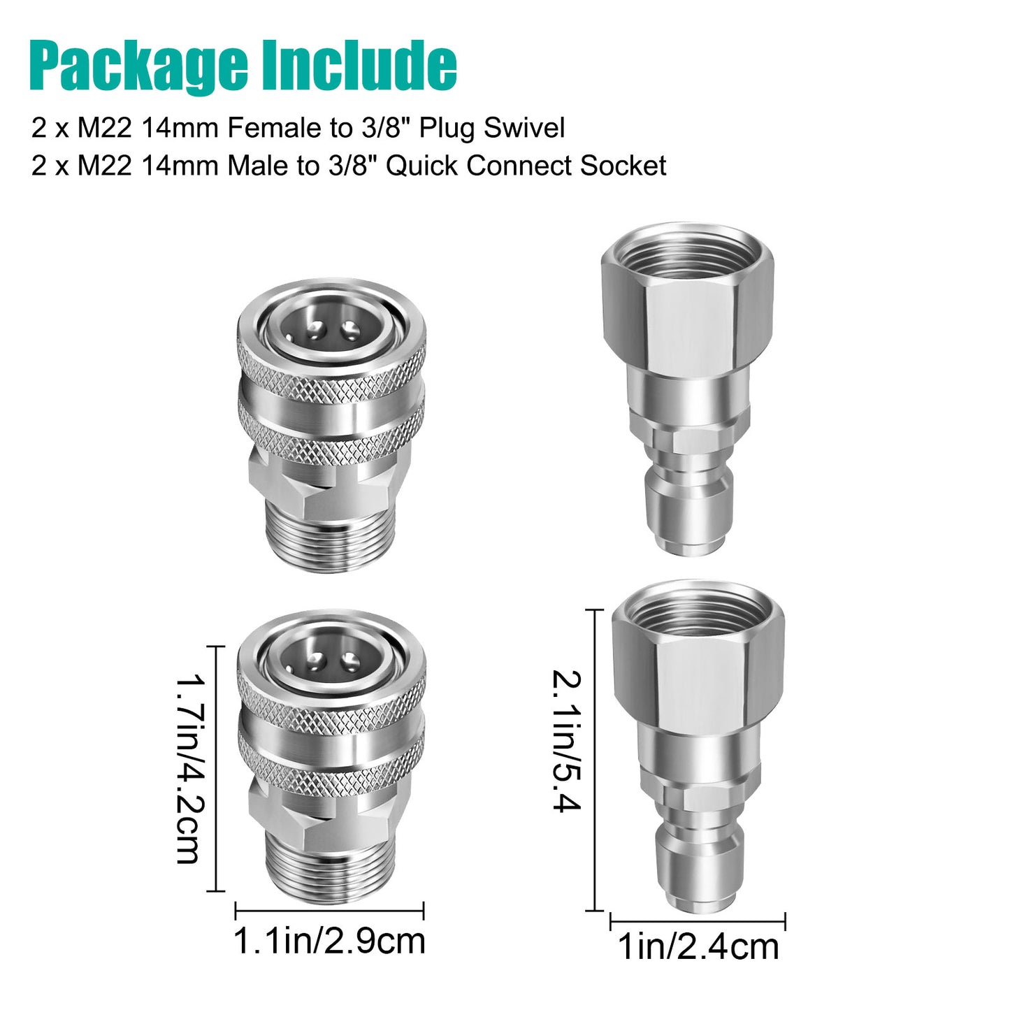 4 Pcs Pressure Washer Swivel Adapter Set, Stainless Steel M22 14mm to 3/8 Inch Quick Connect, 5000 PSI